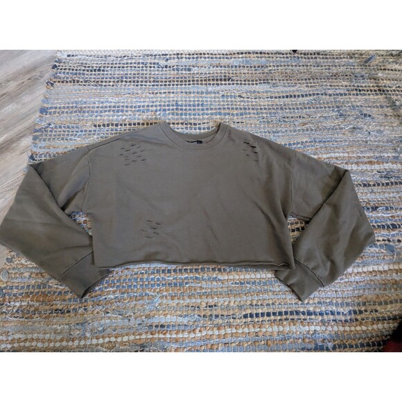 Forever 21 Women's S Cropped Sweatshirt Distressed Holes Brown Taupe L/S Crew - Picture 1 of 5